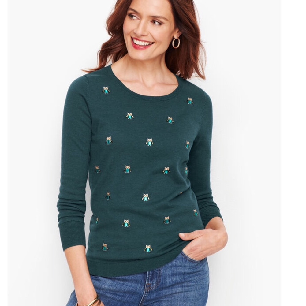 Talbots Green Crew Neck Sweater with Owl Pattern